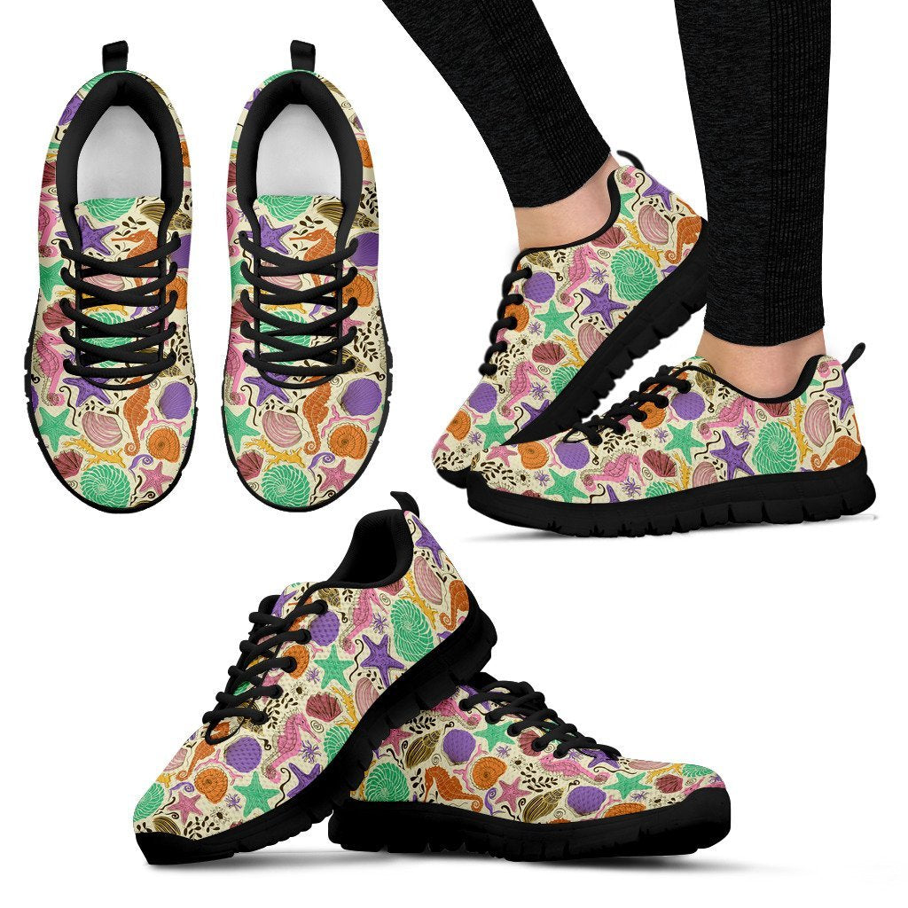 Seahorse Print Pattern Black Sneaker Shoes For Men Women-grizzshop