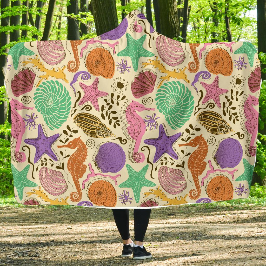 Seahorse Print Pattern Hooded Blanket-grizzshop