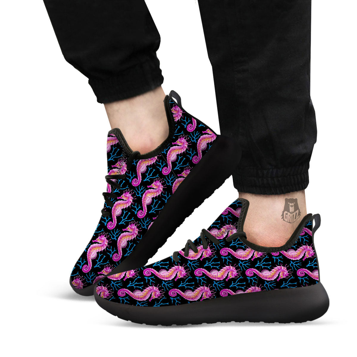 Seahorse Purple Print Pattern Black Athletic Shoes-grizzshop