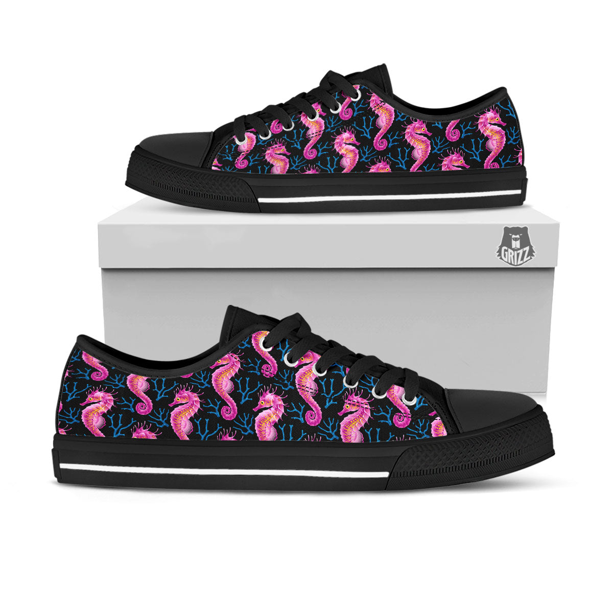Seahorse Purple Print Pattern Black Low Top Shoes-grizzshop