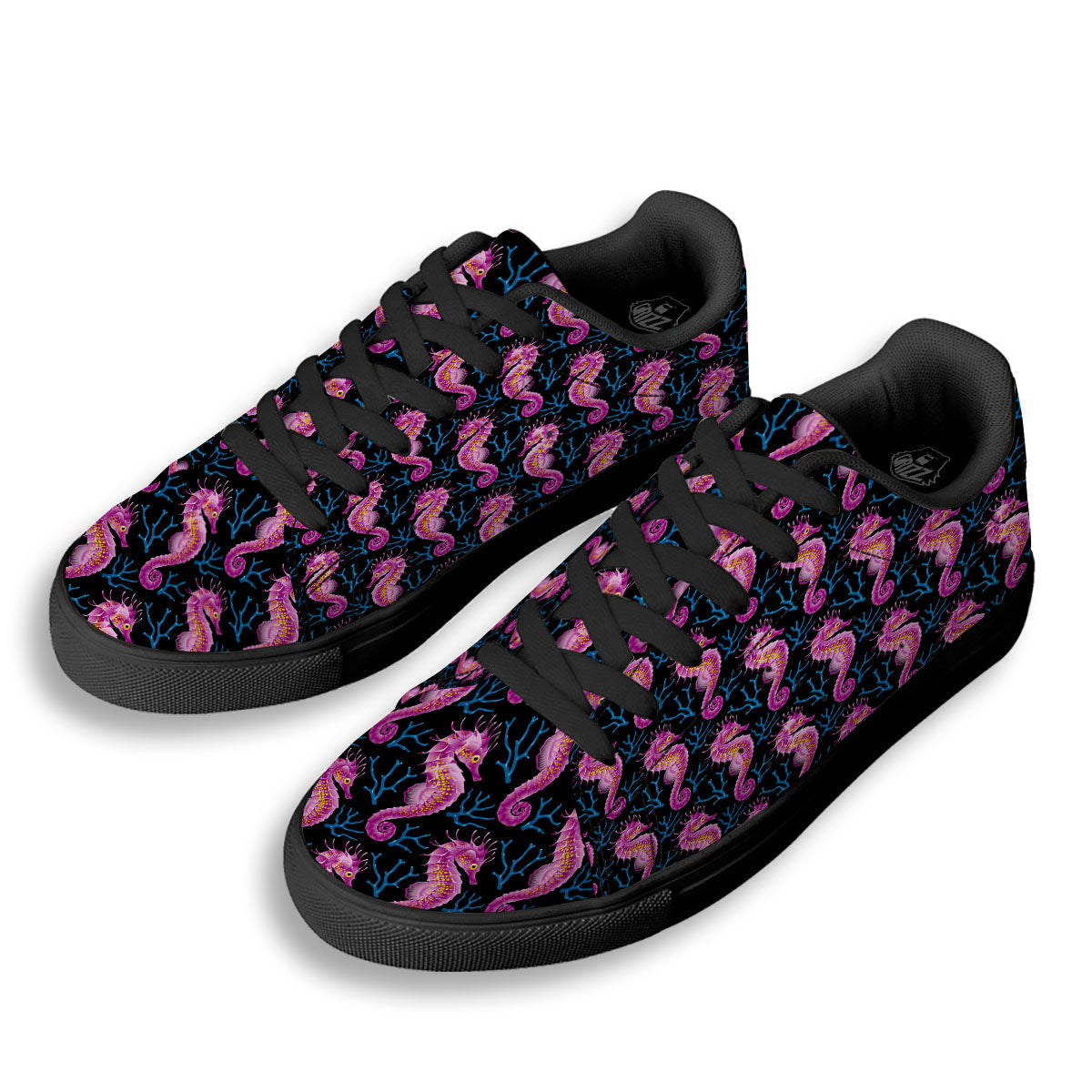 Seahorse Purple Print Pattern Black Low Top Sneakers-grizzshop