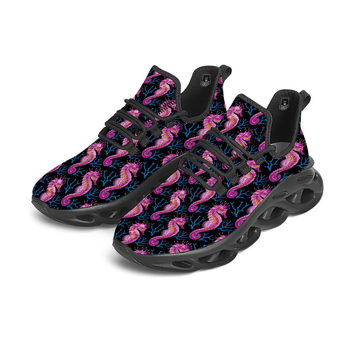 Seahorse Purple Print Pattern Black Running Shoes-grizzshop