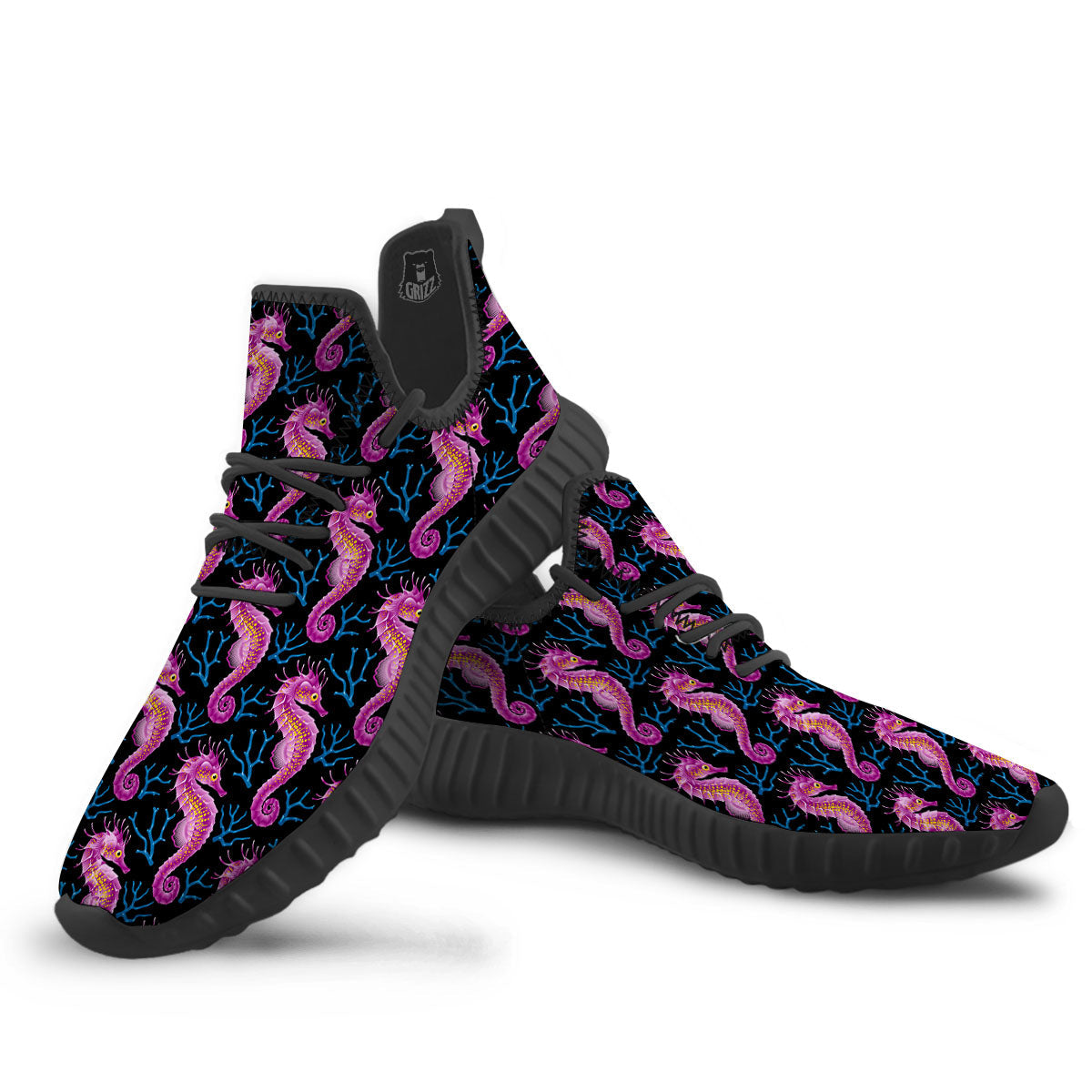 Seahorse Purple Print Pattern Black Walking Shoes-grizzshop