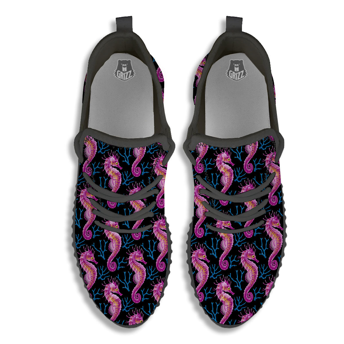 Seahorse Purple Print Pattern Black Walking Shoes-grizzshop