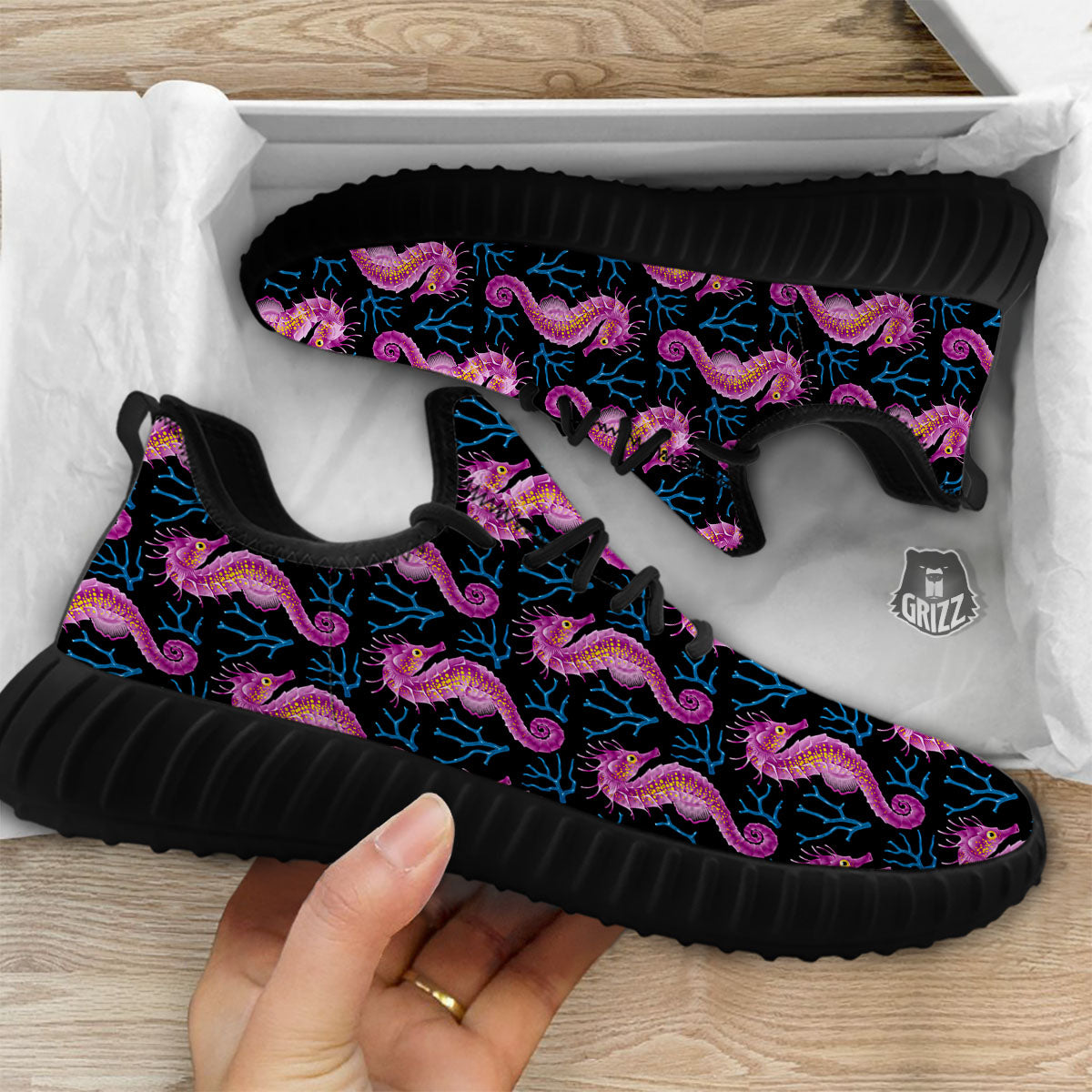 Seahorse Purple Print Pattern Black Walking Shoes-grizzshop