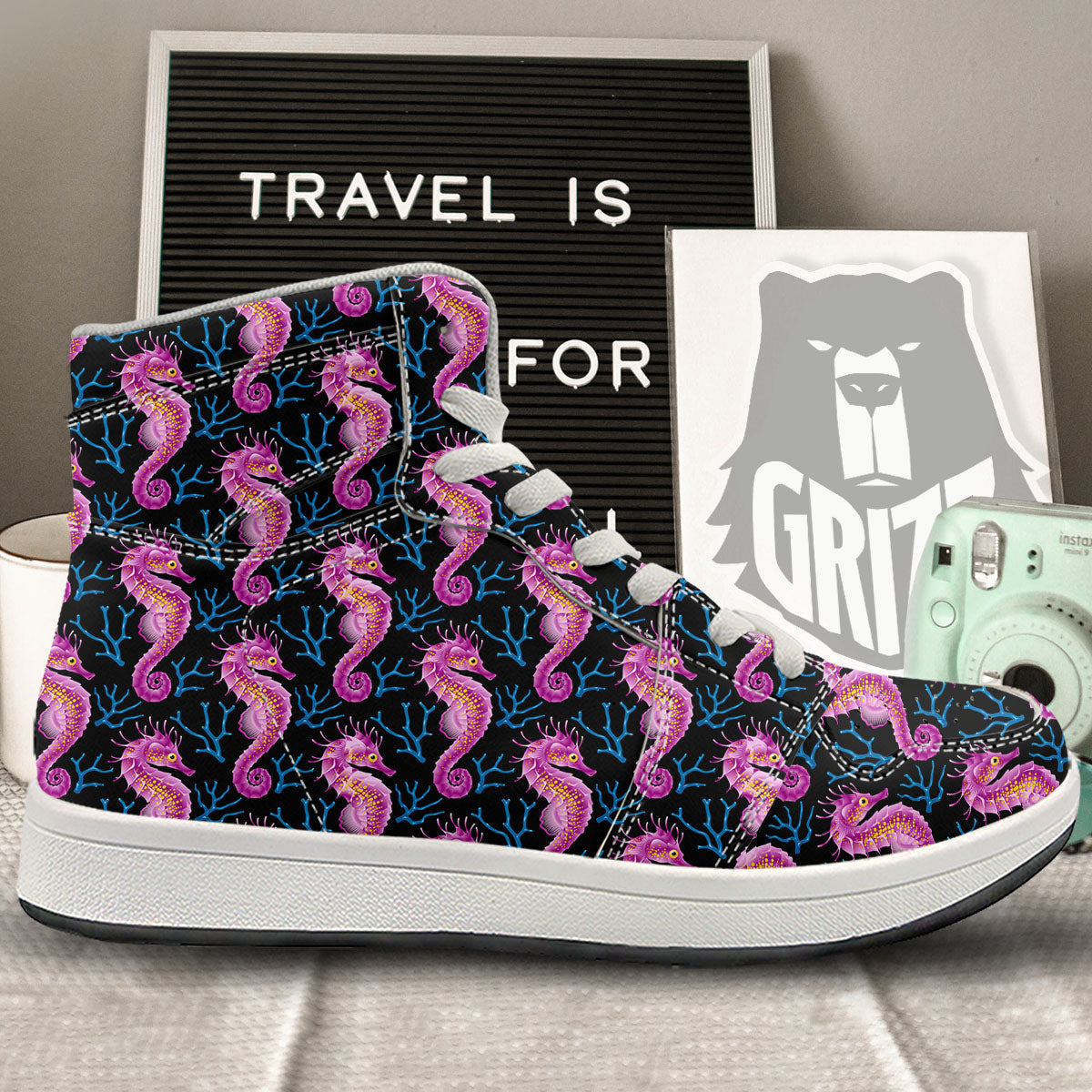 Seahorse Purple Print Pattern High Top Sneakers-grizzshop