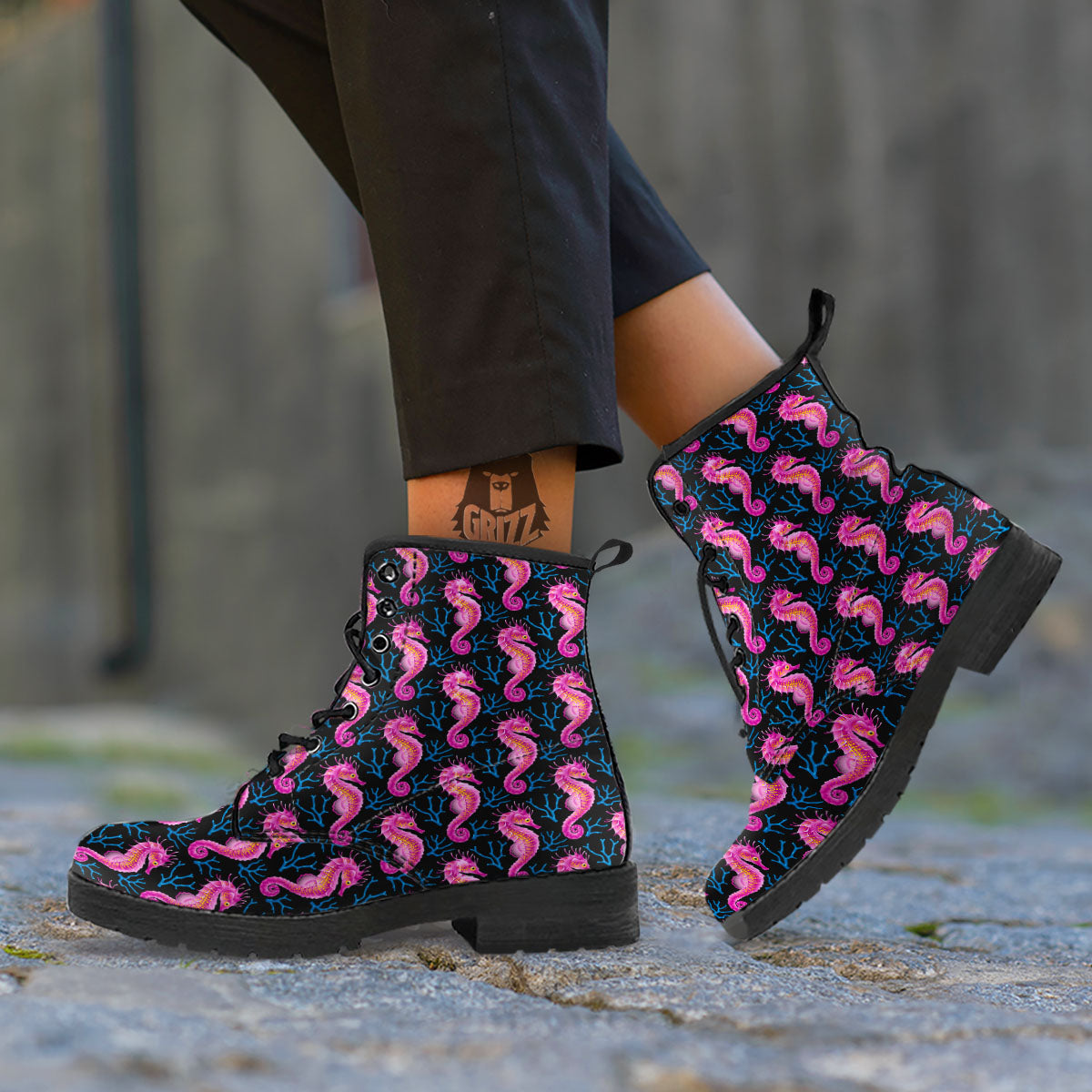 Seahorse Purple Print Pattern Leather Boots-grizzshop