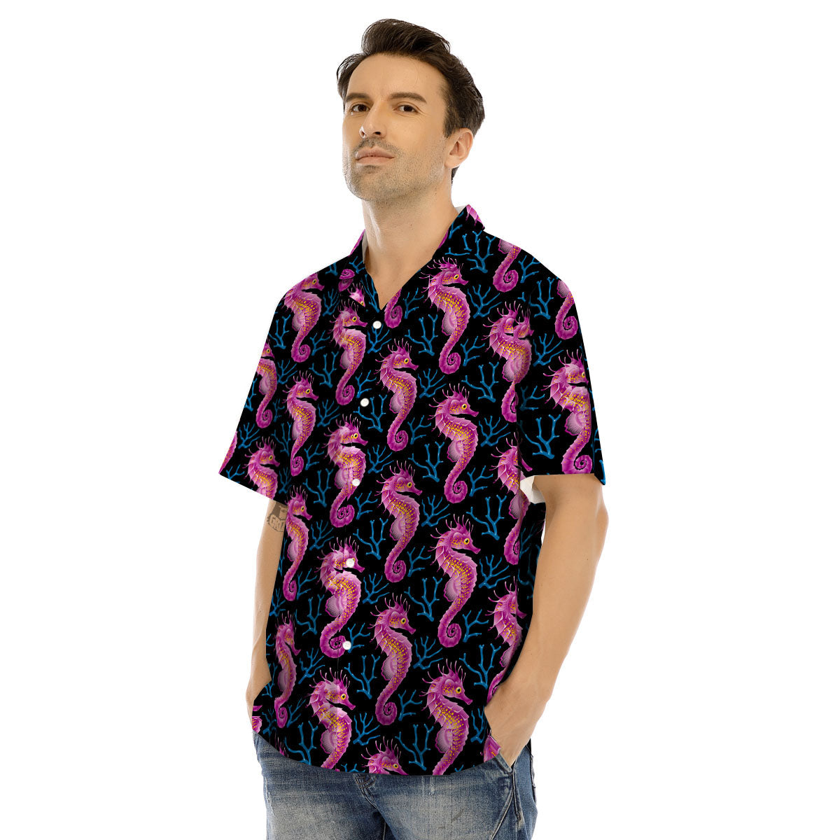 Seahorse Purple Print Pattern Men's Hawaiian Shirt-grizzshop