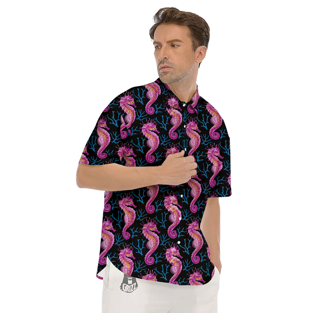 Seahorse Purple Print Pattern Men's Short Sleeve Shirts-grizzshop