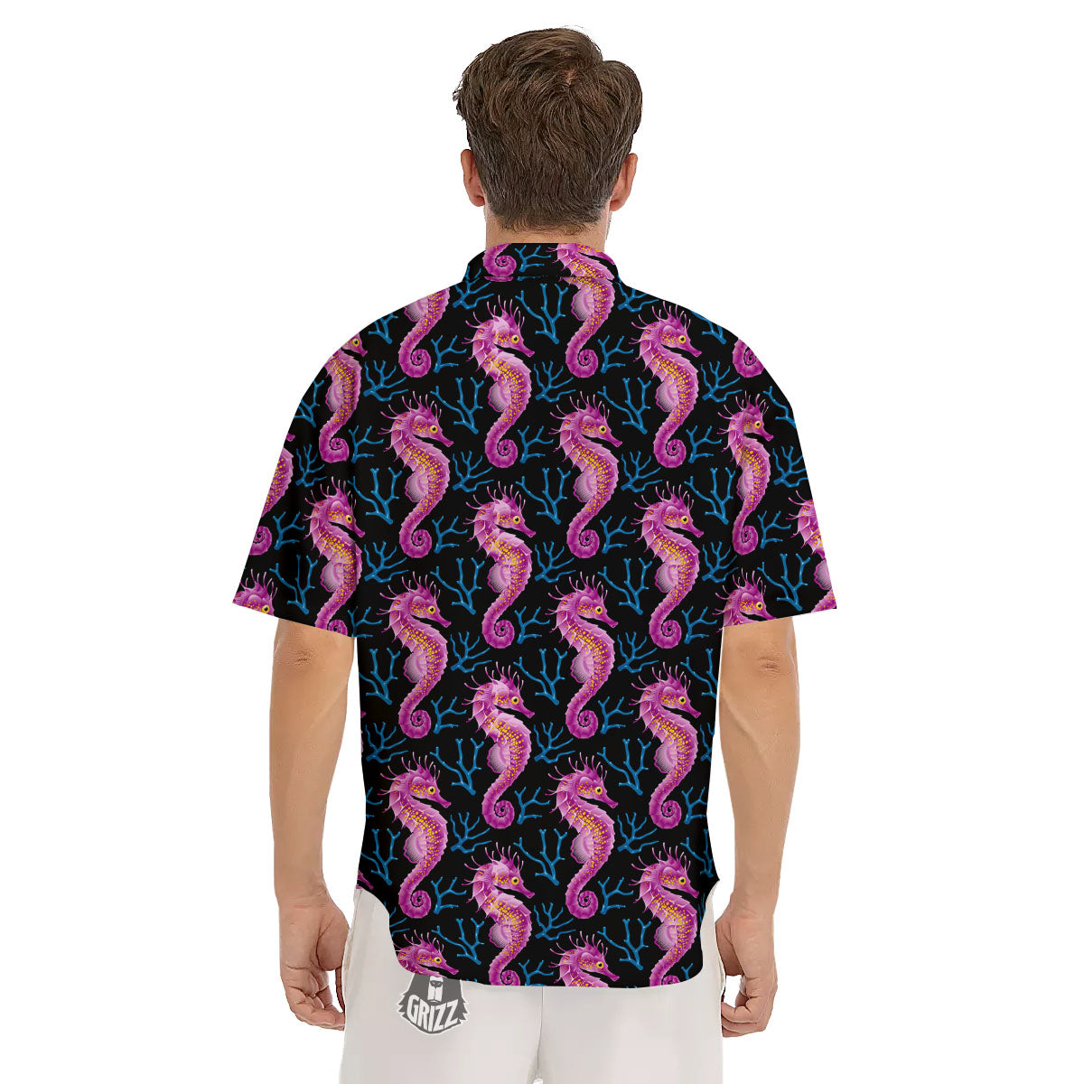 Seahorse Purple Print Pattern Men's Short Sleeve Shirts-grizzshop