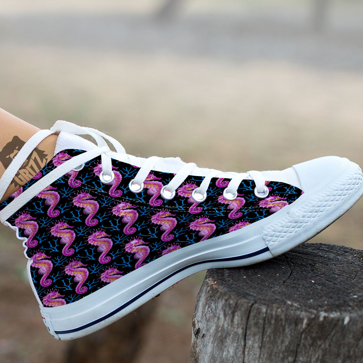 Seahorse Purple Print Pattern White High Top Shoes-grizzshop