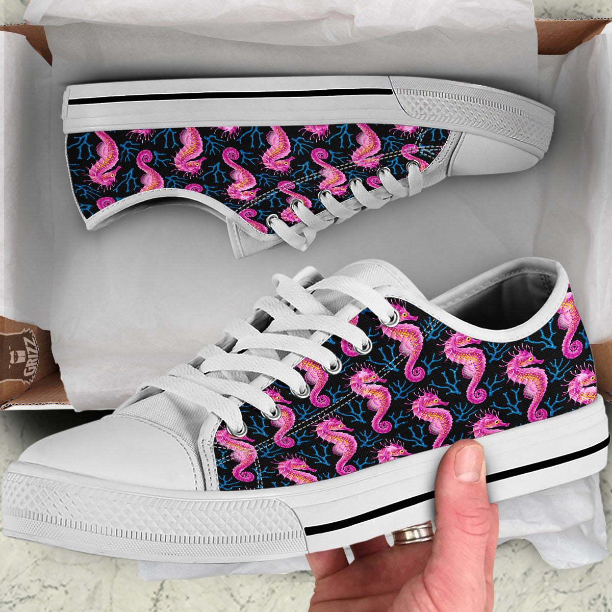 Seahorse Purple Print Pattern White Low Top Shoes-grizzshop