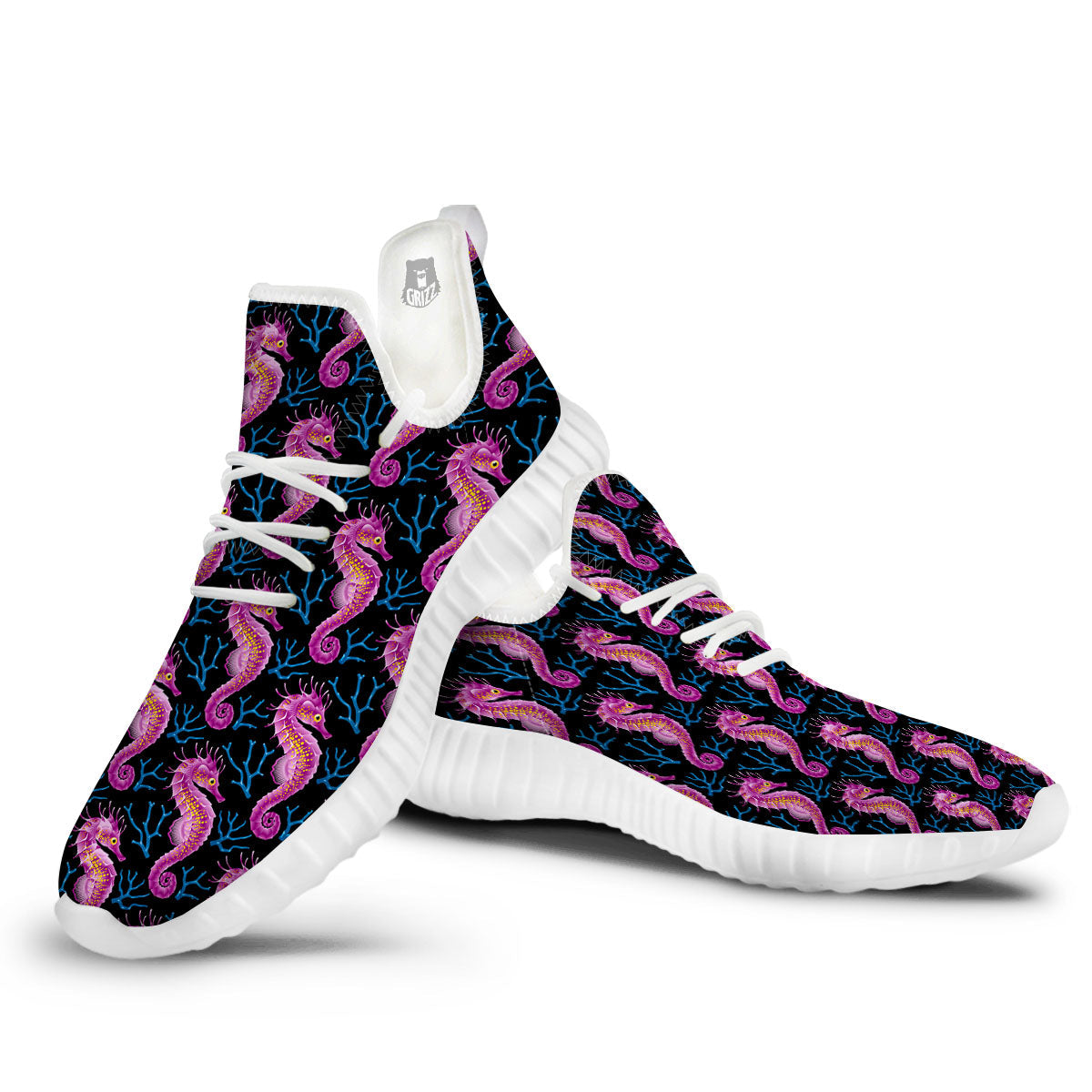 Seahorse Purple Print Pattern White Walking Shoes-grizzshop