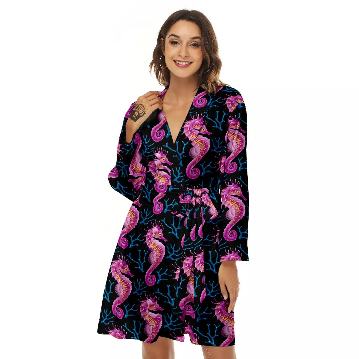 Seahorse Purple Print Pattern Women's Robe-grizzshop