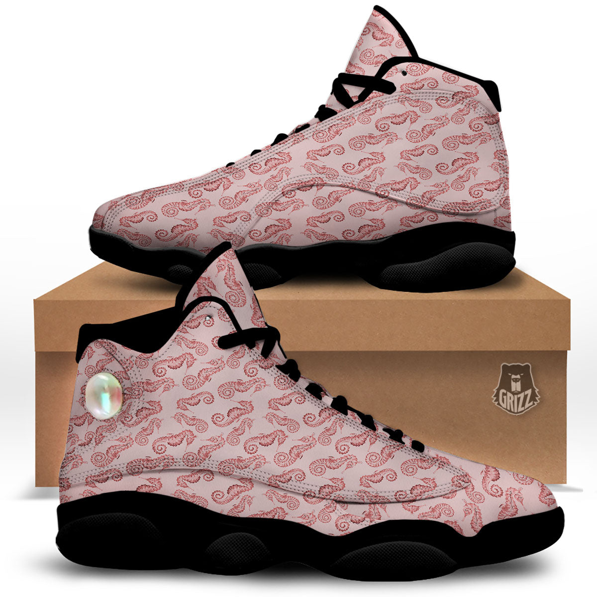 Seahorse Watercolor Print Pattern Black Basketball Shoes-grizzshop