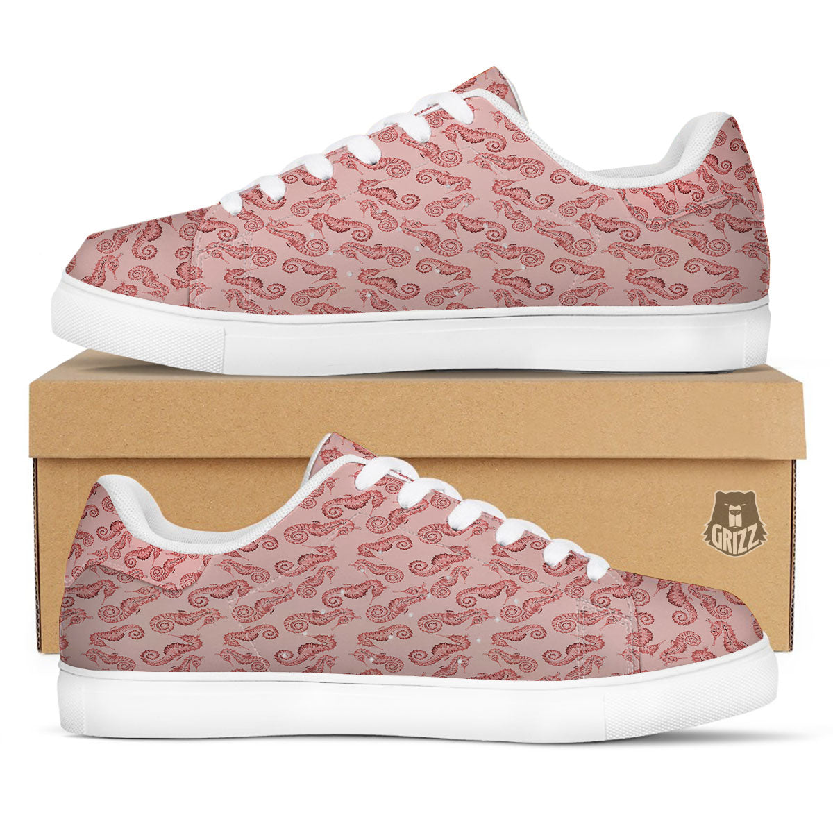 Seahorse Watercolor Print Pattern White Low Top Sneakers-grizzshop