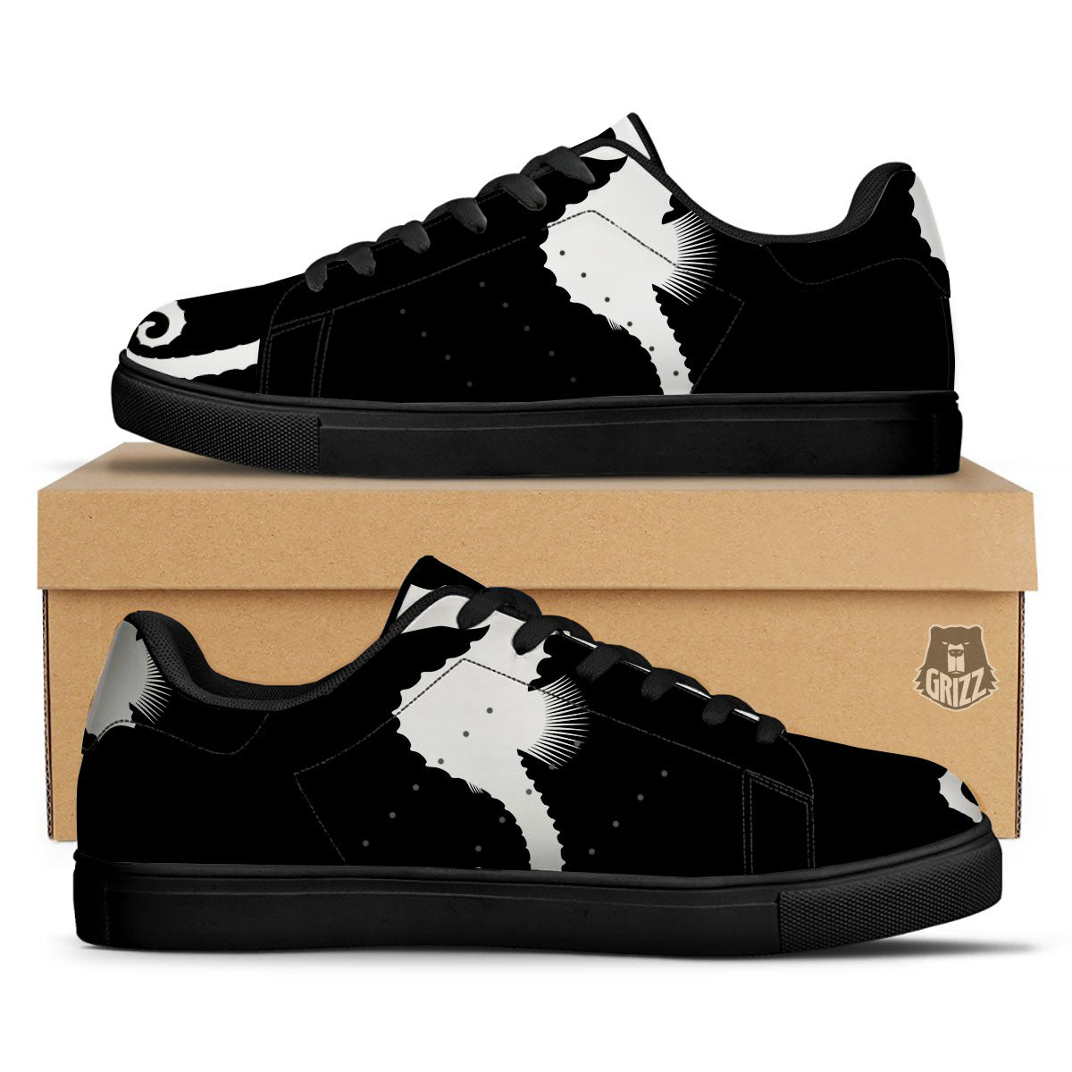 Seahorse White And Black Print Black Low Top Sneakers-grizzshop