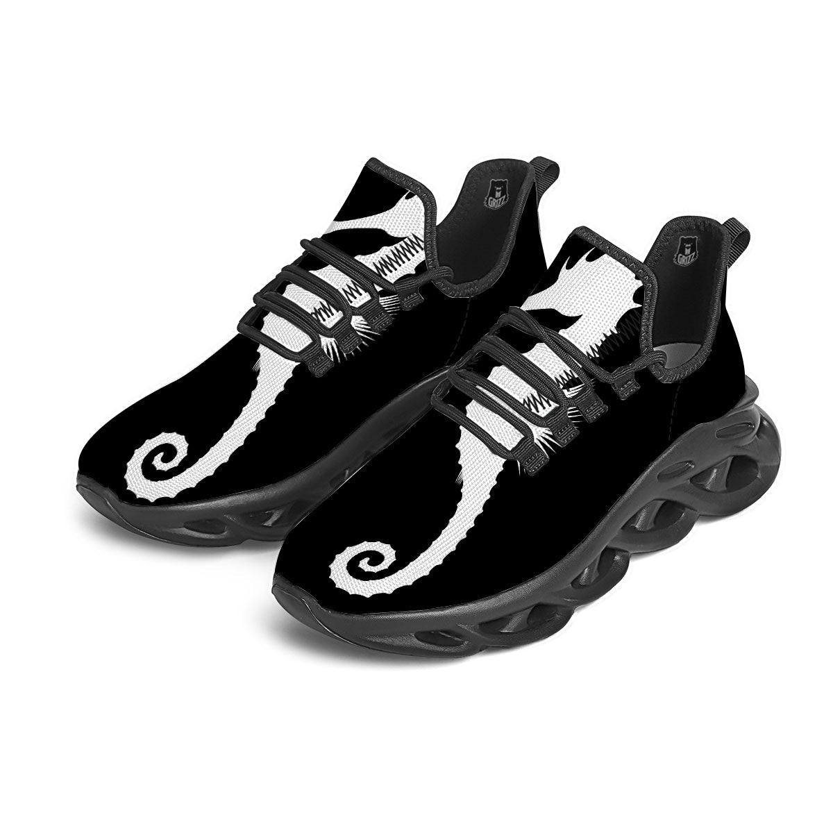 Seahorse White And Black Print Black Running Shoes-grizzshop