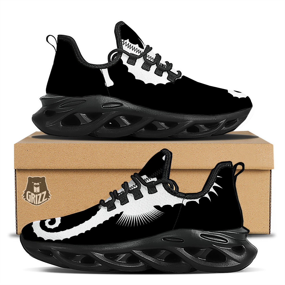 Seahorse White And Black Print Black Running Shoes-grizzshop