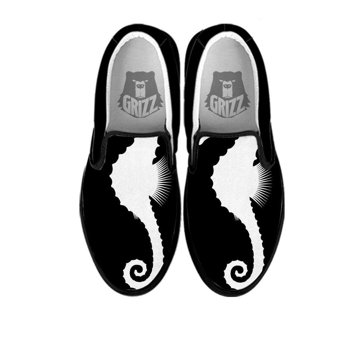 Seahorse White And Black Print Black Slip On Shoes-grizzshop