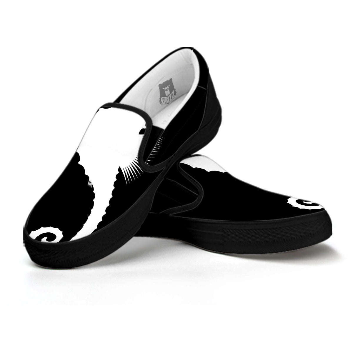 Seahorse White And Black Print Black Slip On Shoes-grizzshop