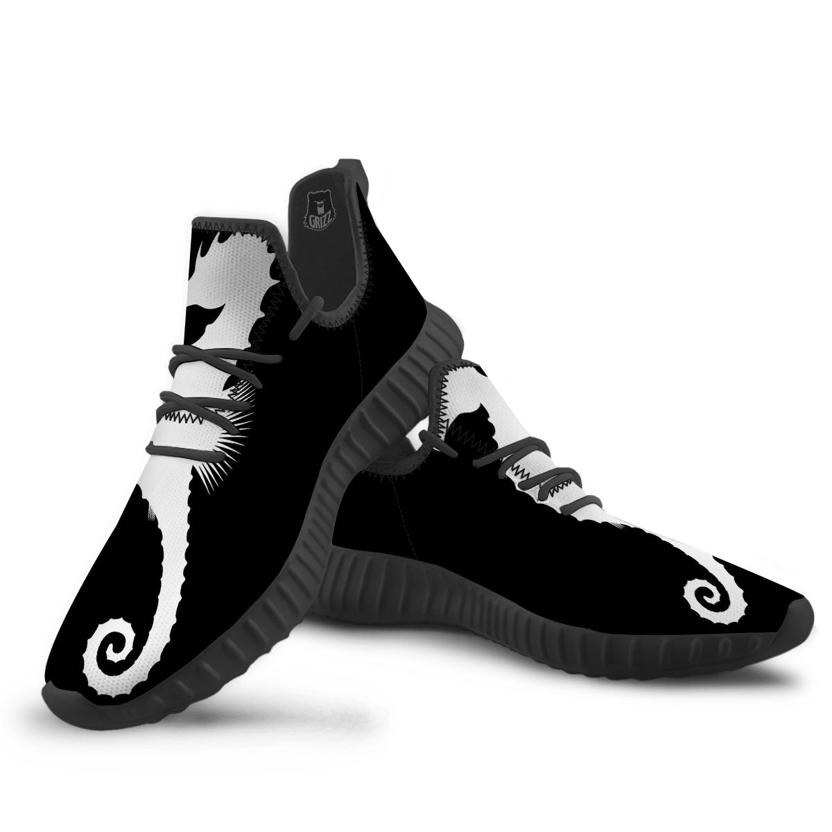 Seahorse White And Black Print Black Walking Shoes-grizzshop