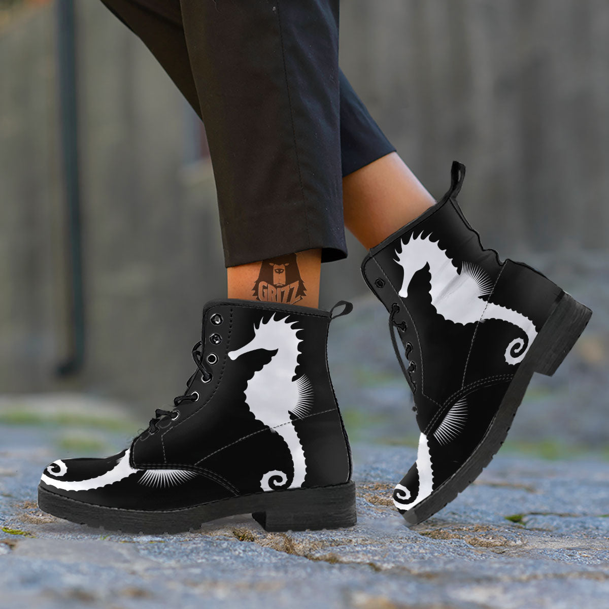 Seahorse White And Black Print Leather Boots-grizzshop