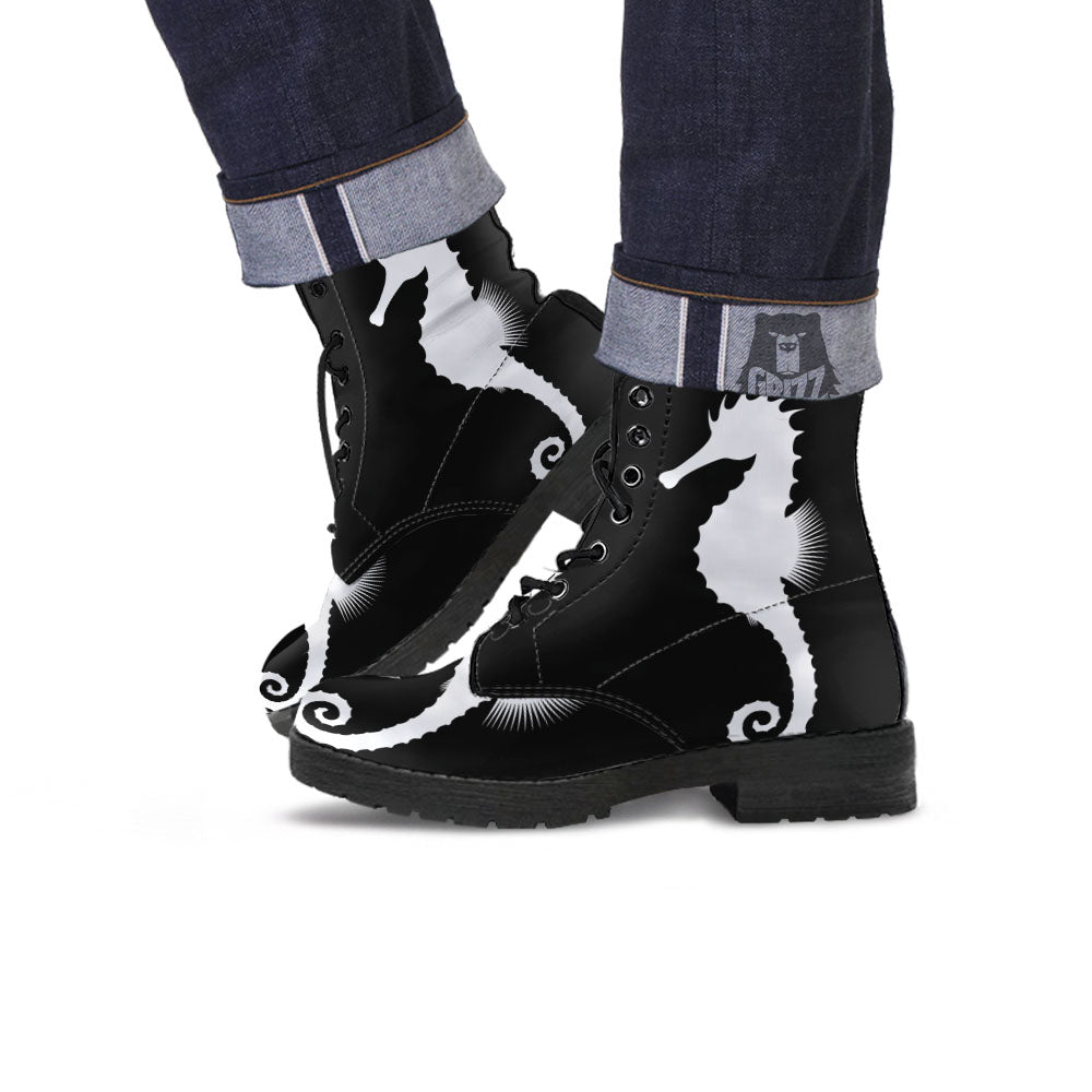 Seahorse White And Black Print Leather Boots-grizzshop