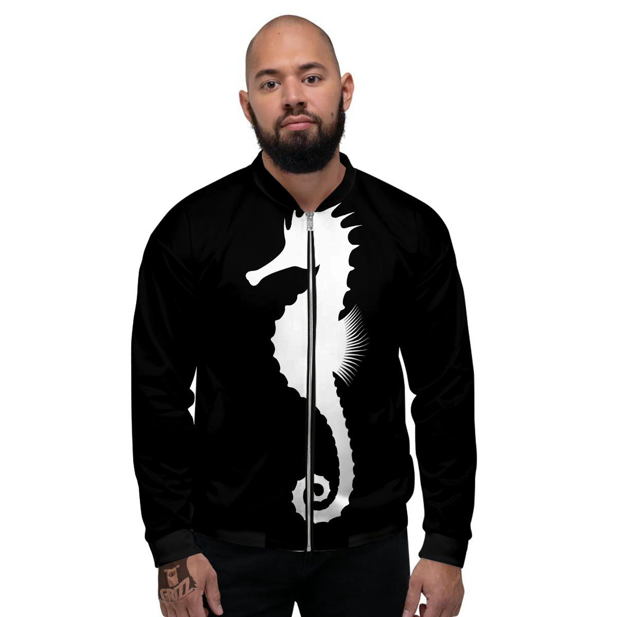 Seahorse White And Black Print Men's Bomber Jacket-grizzshop