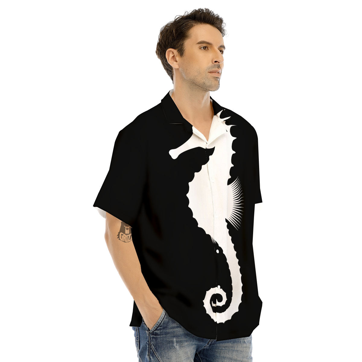 Seahorse White And Black Print Men's Hawaiian Shirt-grizzshop