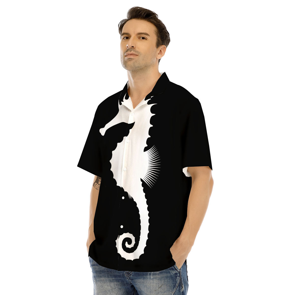 Seahorse White And Black Print Men's Hawaiian Shirt-grizzshop