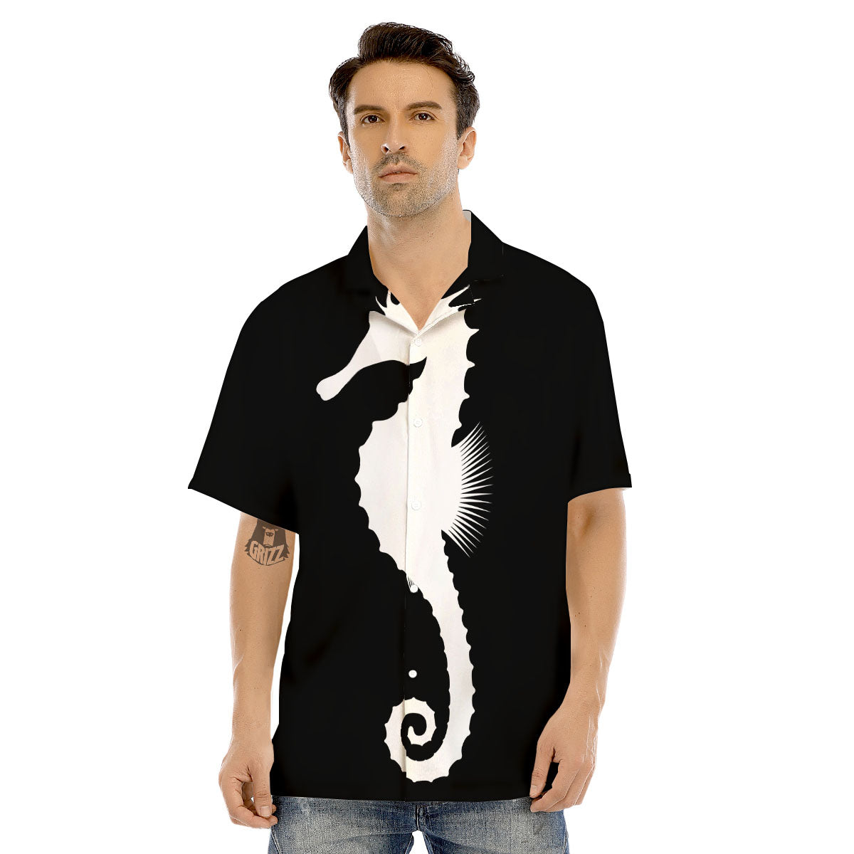 Seahorse White And Black Print Men's Hawaiian Shirt-grizzshop