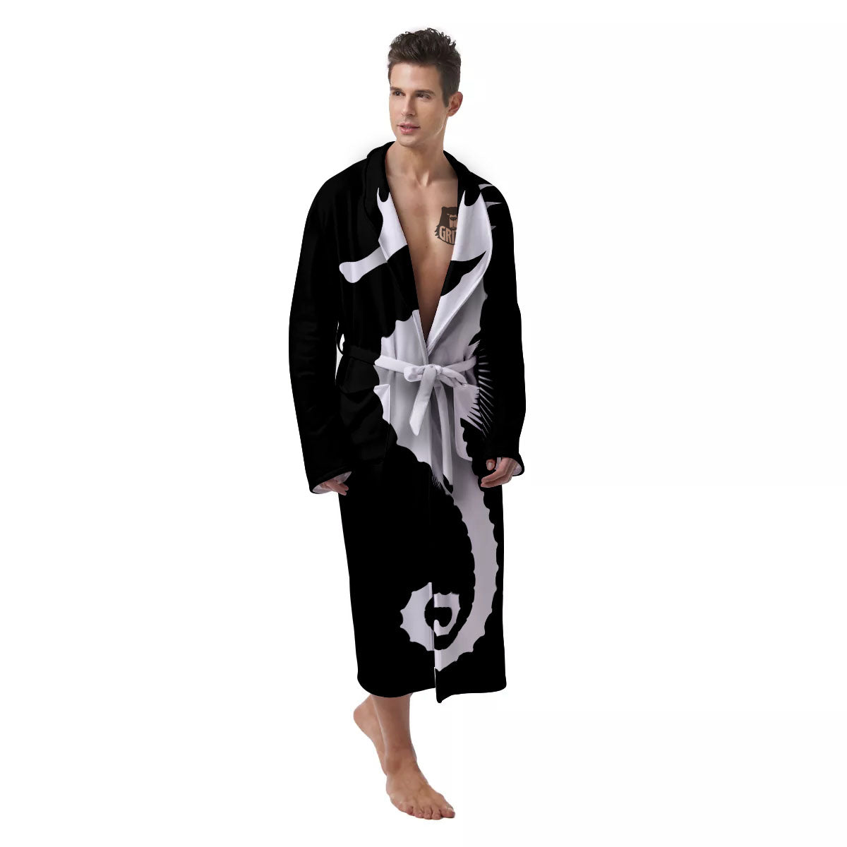 Seahorse White And Black Print Men's Robe-grizzshop