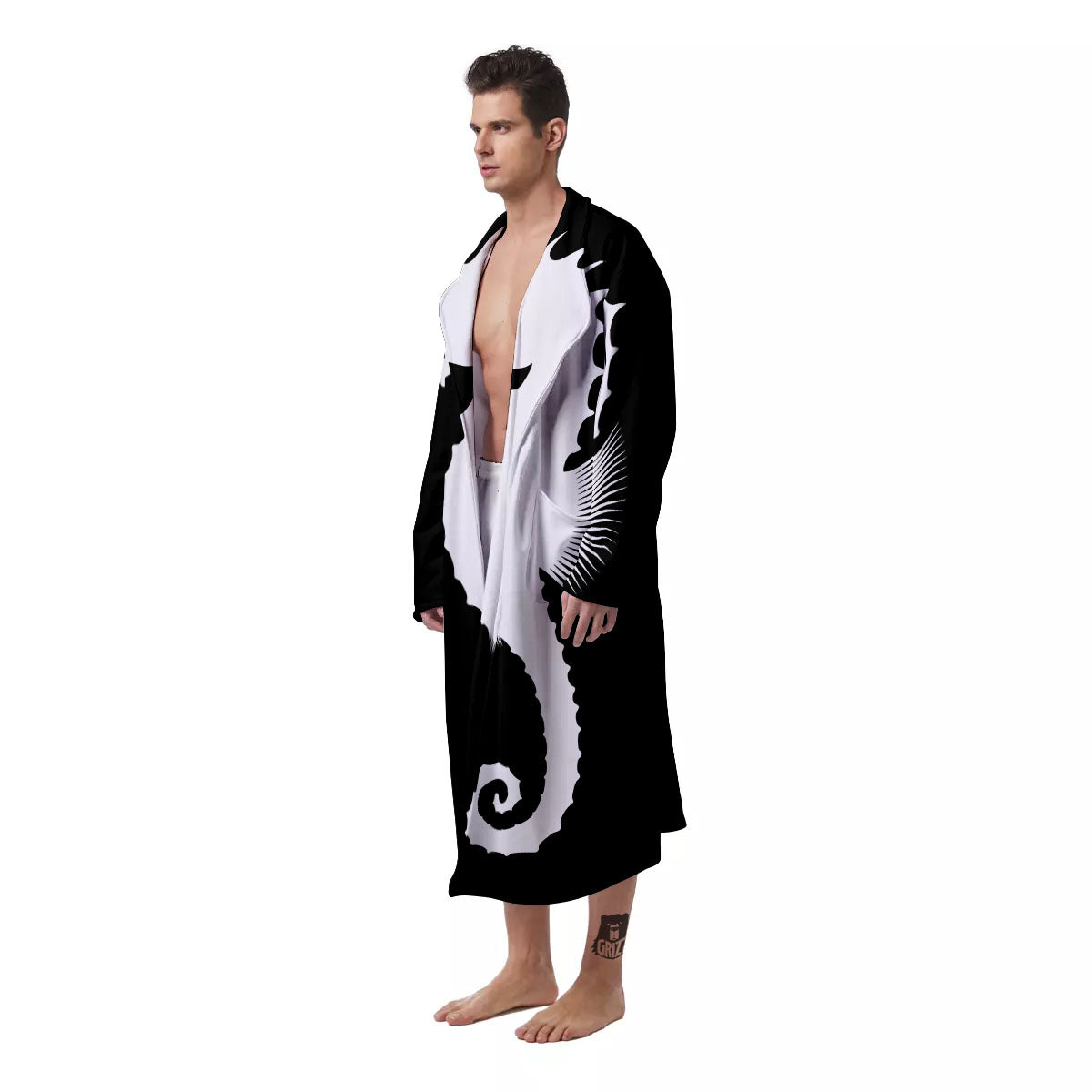 Seahorse White And Black Print Men's Robe-grizzshop