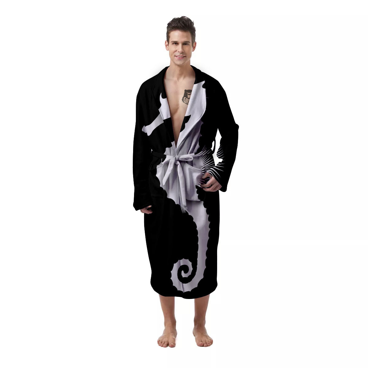 Seahorse White And Black Print Men's Robe-grizzshop