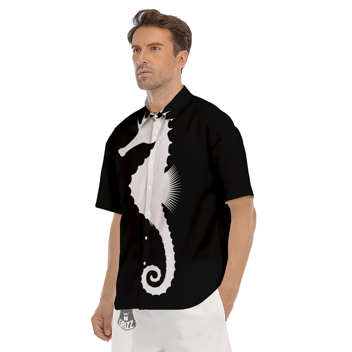 Seahorse White And Black Print Men's Short Sleeve Shirts-grizzshop