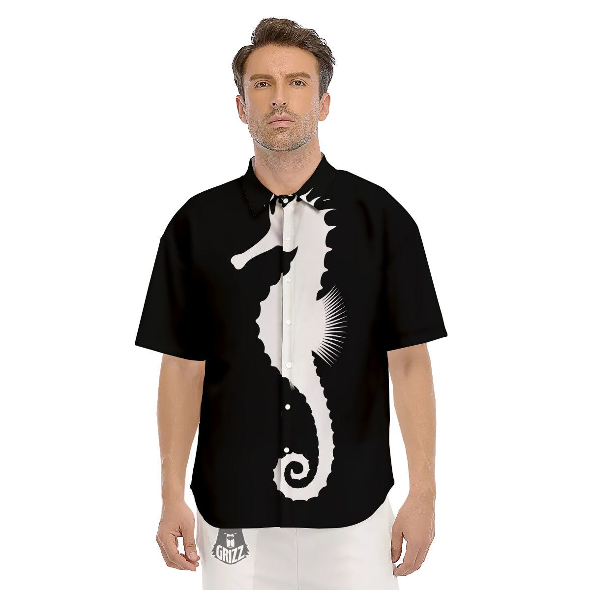 Seahorse White And Black Print Men's Short Sleeve Shirts-grizzshop
