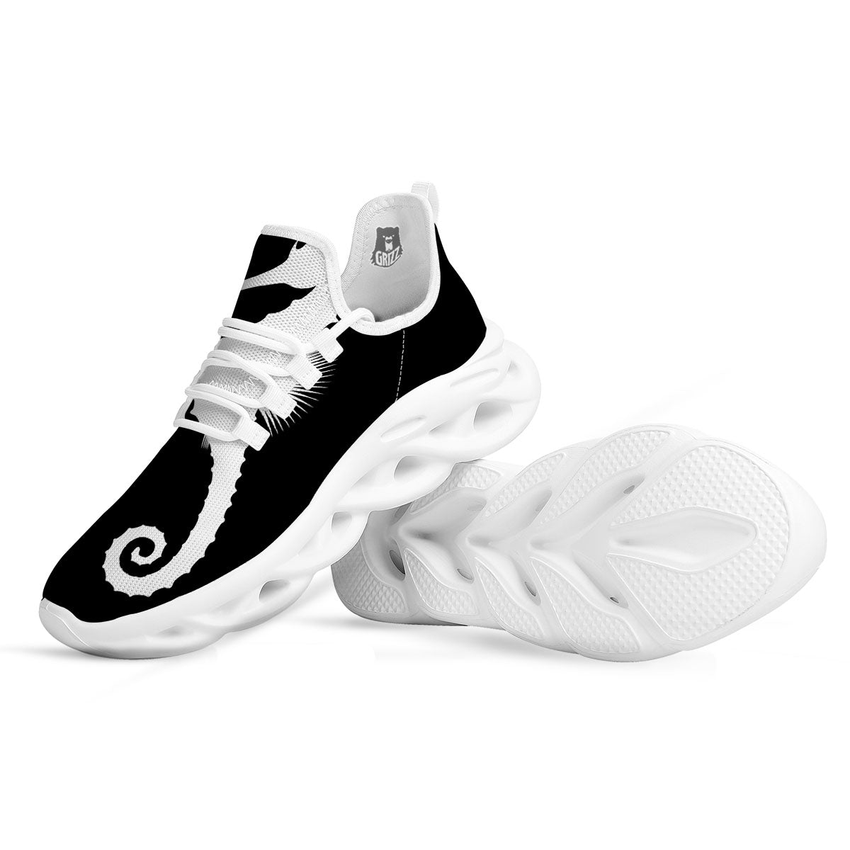 Seahorse White And Black Print White Running Shoes-grizzshop