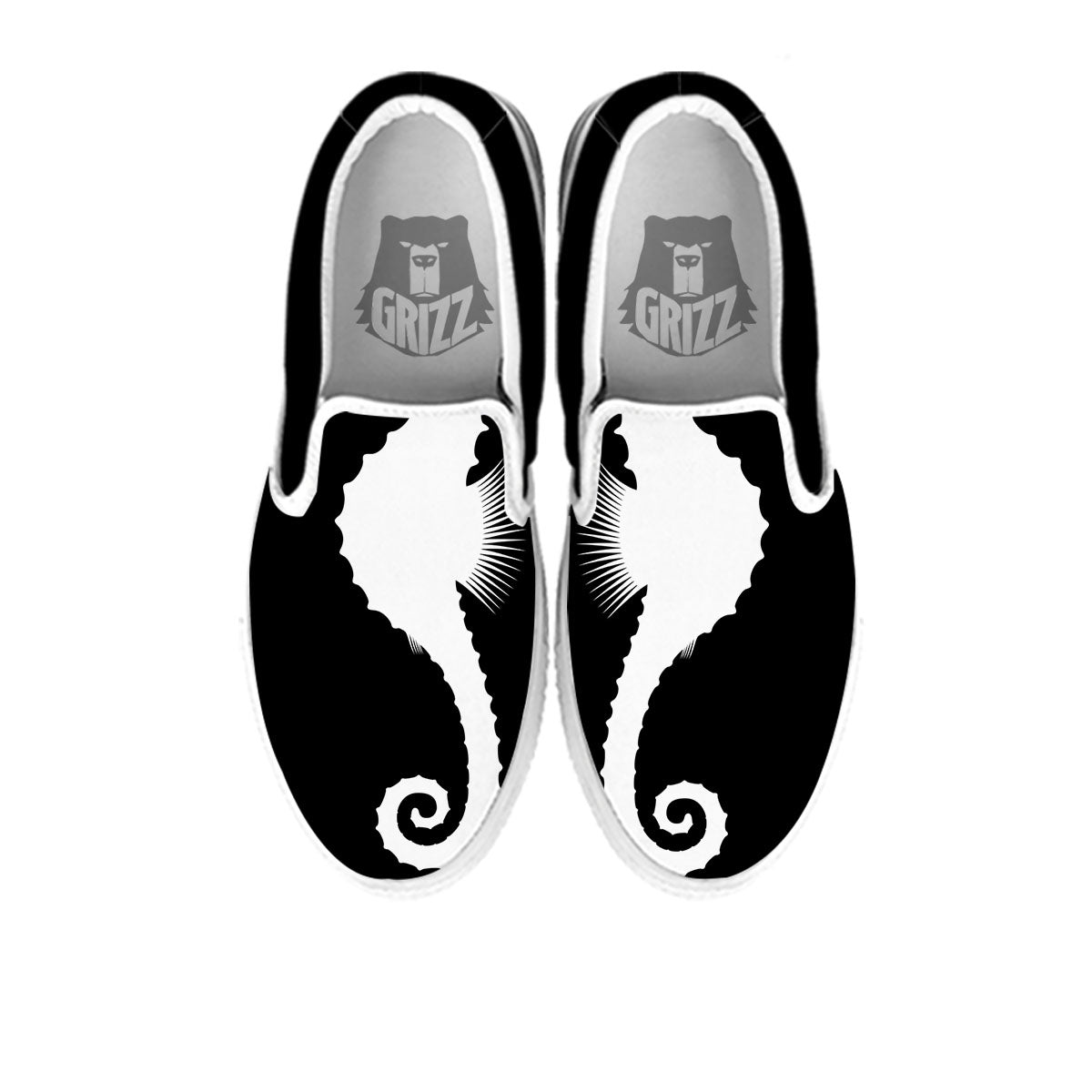 Seahorse White And Black Print White Slip On Shoes-grizzshop