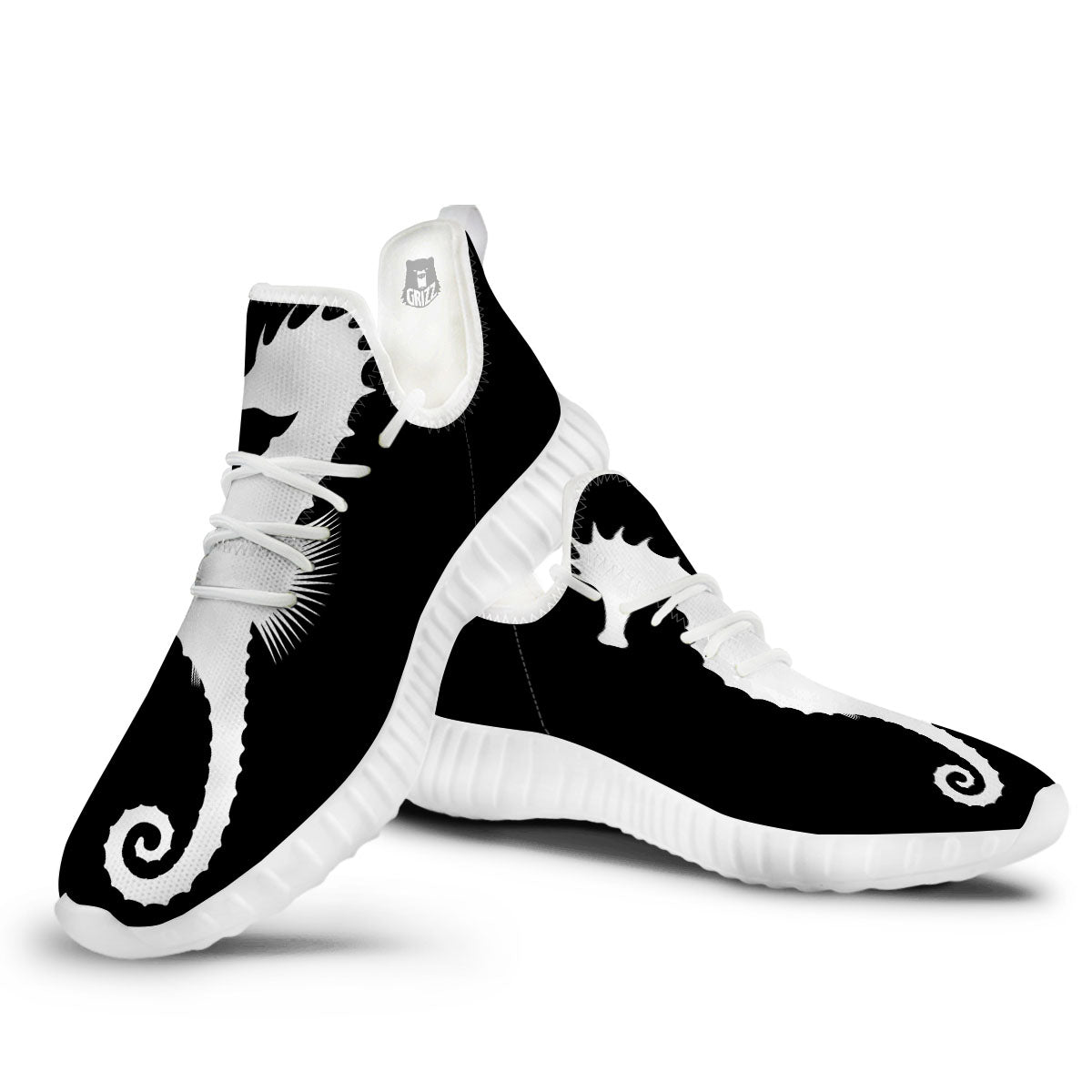 Seahorse White And Black Print White Walking Shoes-grizzshop