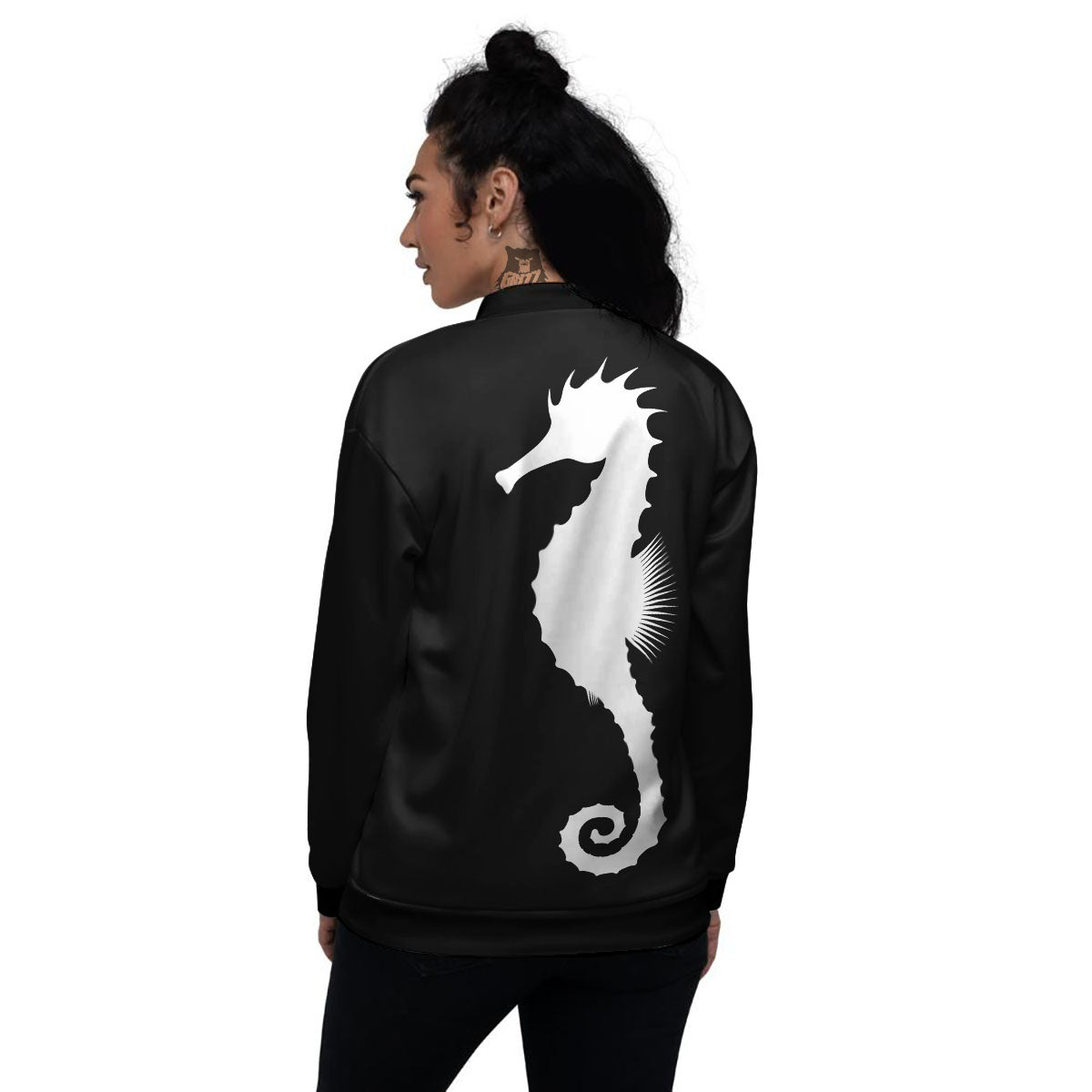 Seahorse White And Black Print Women's Bomber Jacket-grizzshop