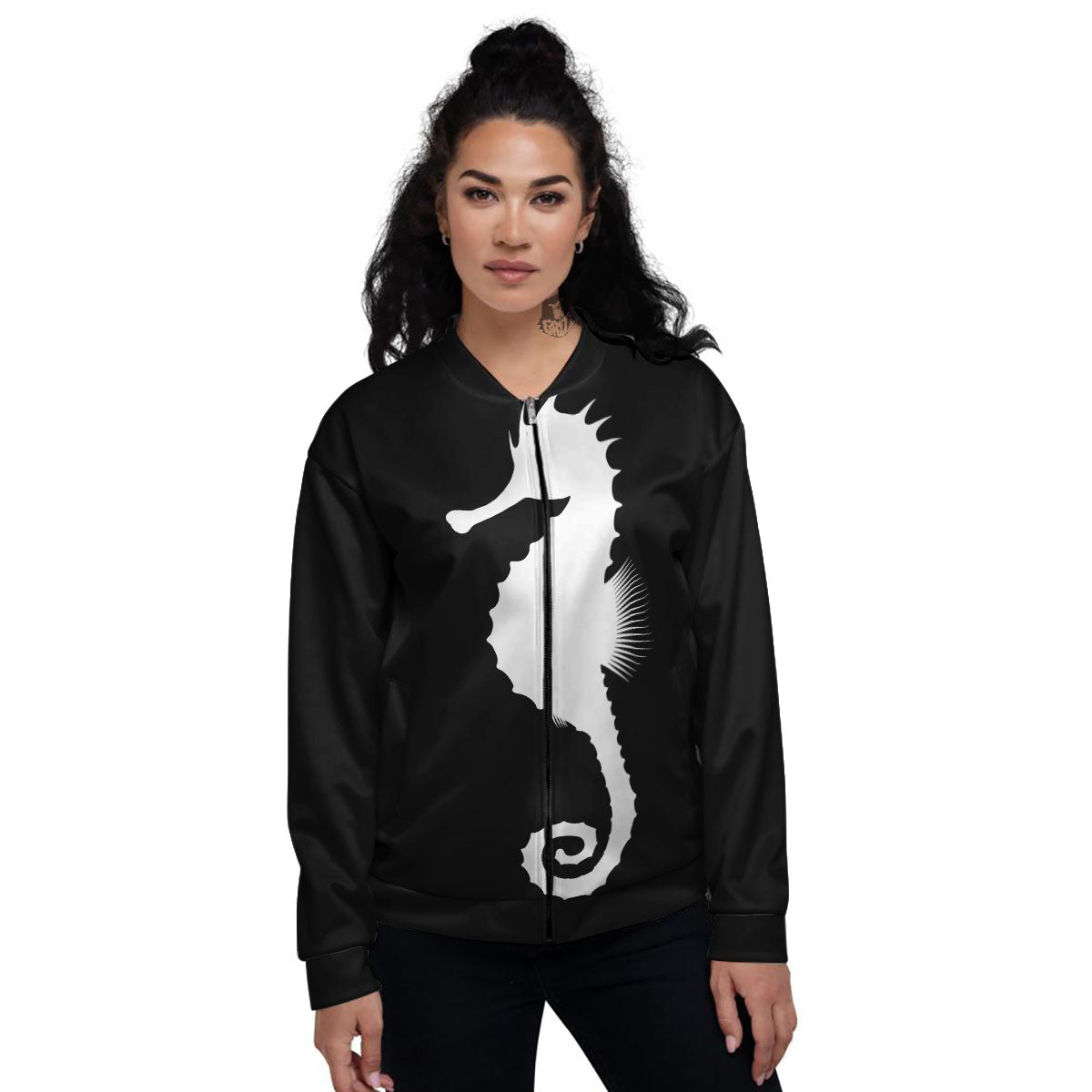 Seahorse White And Black Print Women's Bomber Jacket-grizzshop