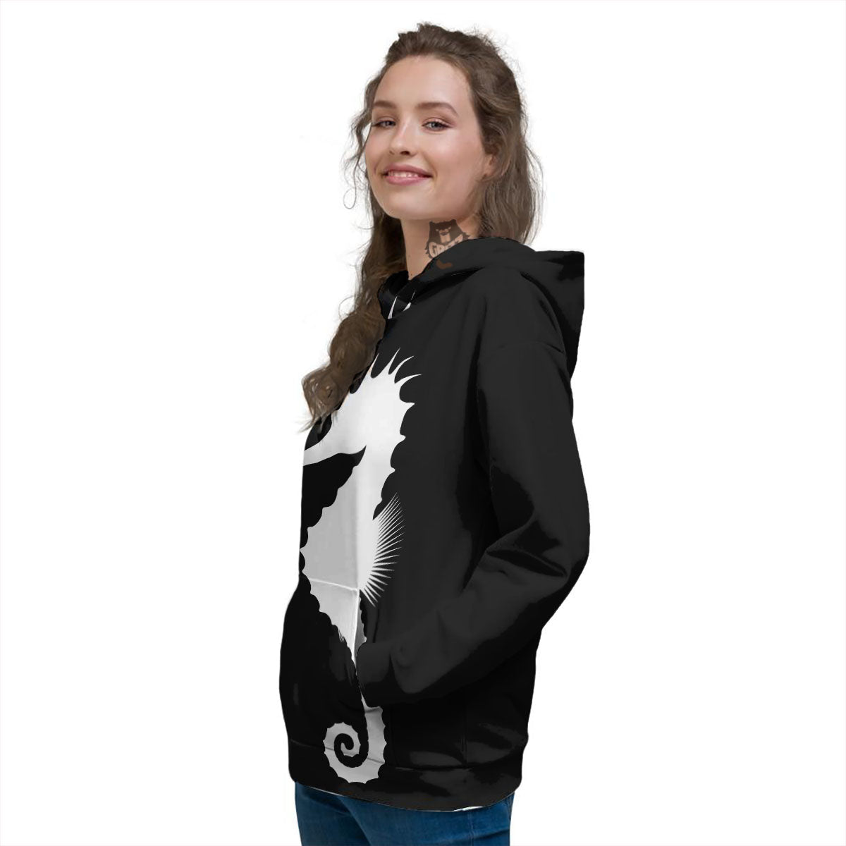 Seahorse White And Black Print Women's Hoodie-grizzshop