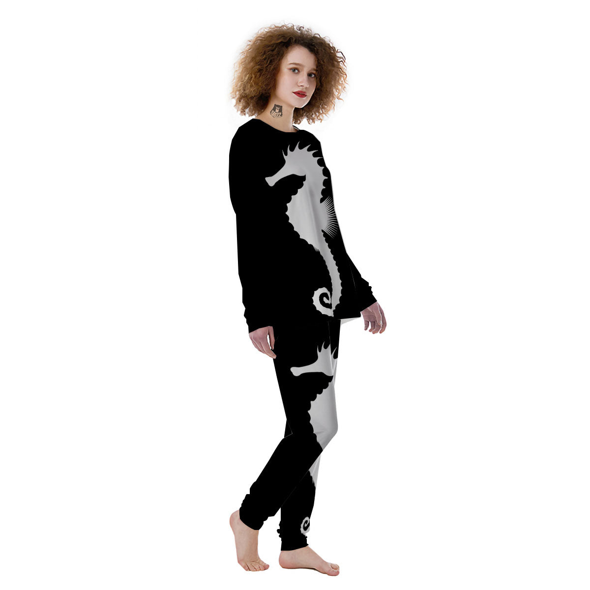 Seahorse White And Black Print Women's Pajamas-grizzshop