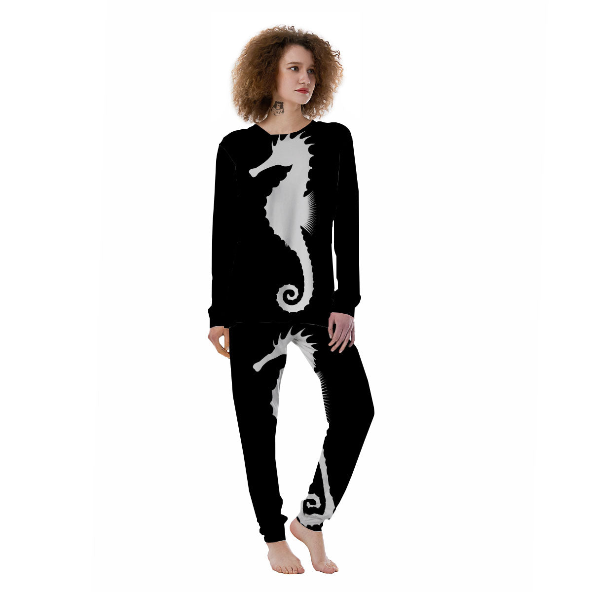 Seahorse White And Black Print Women's Pajamas-grizzshop