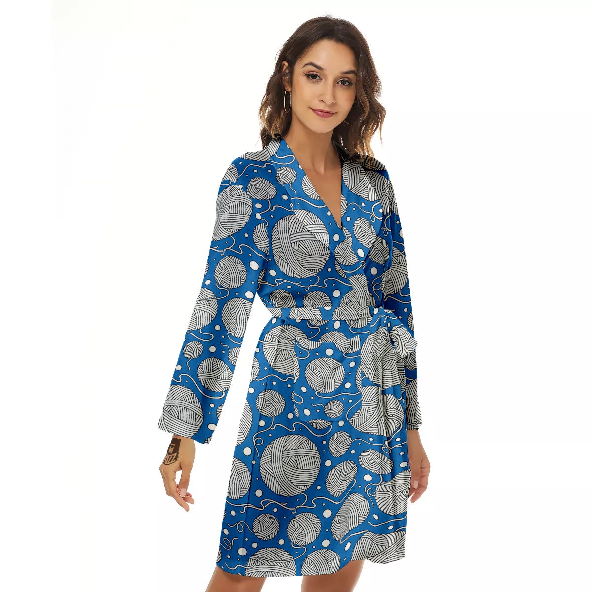 Seamless Yarn Balls Print Pattern Women's Robe-grizzshop