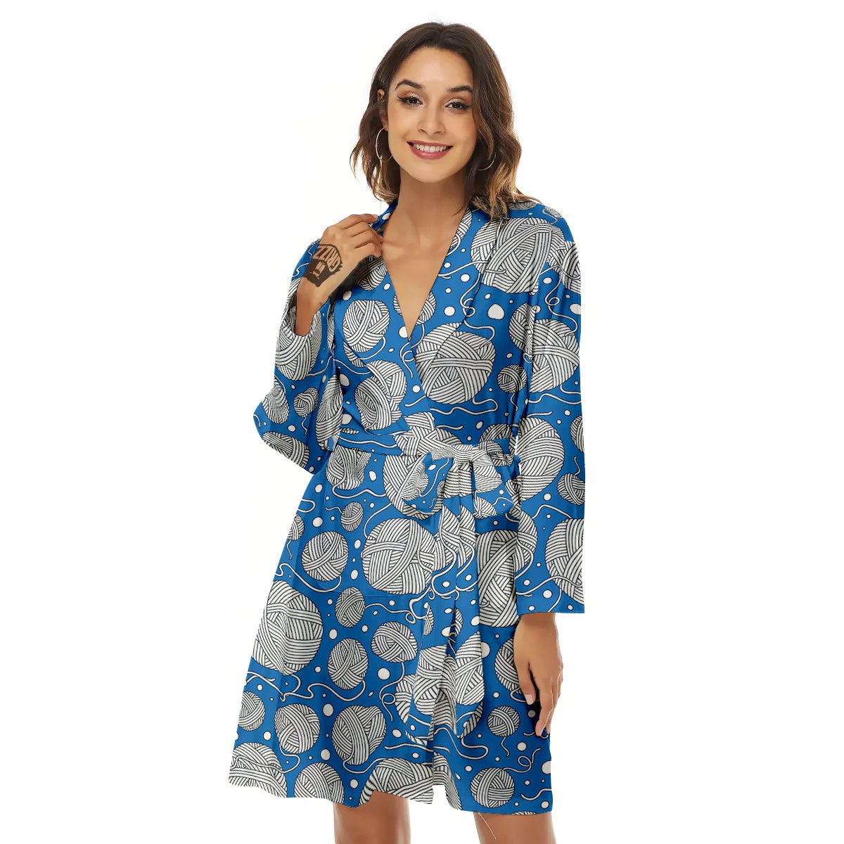 Seamless Yarn Balls Print Pattern Women's Robe-grizzshop