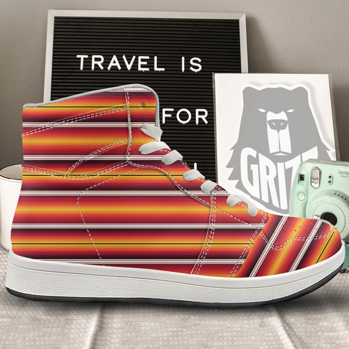 Serape Ethnic Boho Stripes Mexican Black Orange Print High Top Sneakers-grizzshop