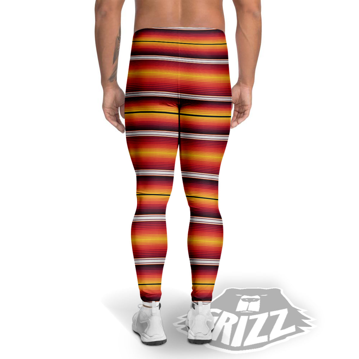 Serape Ethnic Boho Stripes Mexican Black Orange Print Men's Leggings-grizzshop