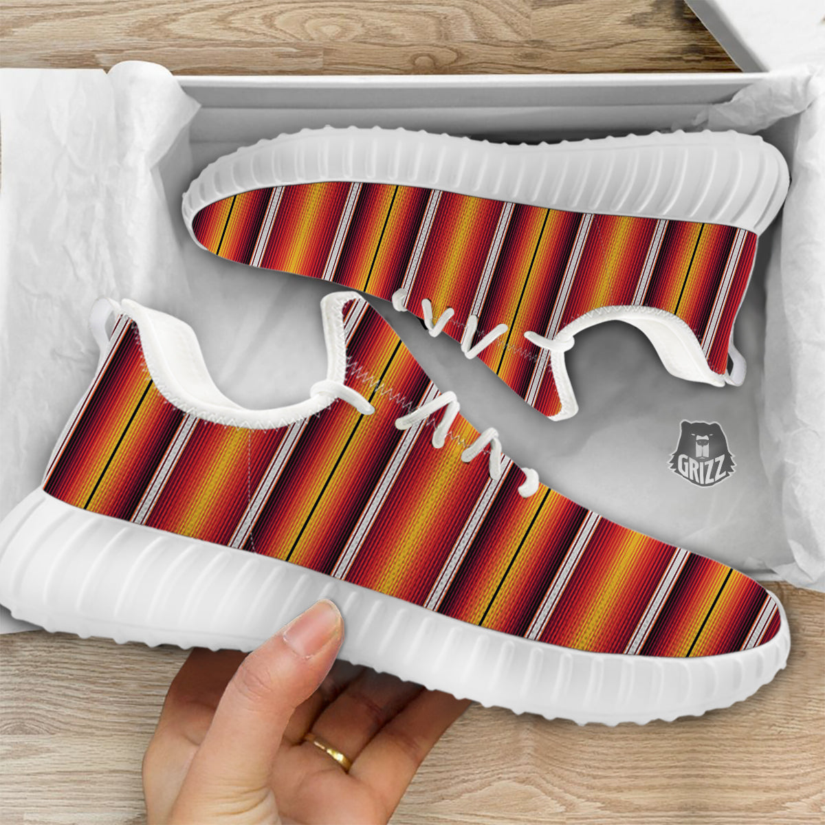 Serape Ethnic Boho Stripes Mexican Black Orange Print White Walking Shoes-grizzshop
